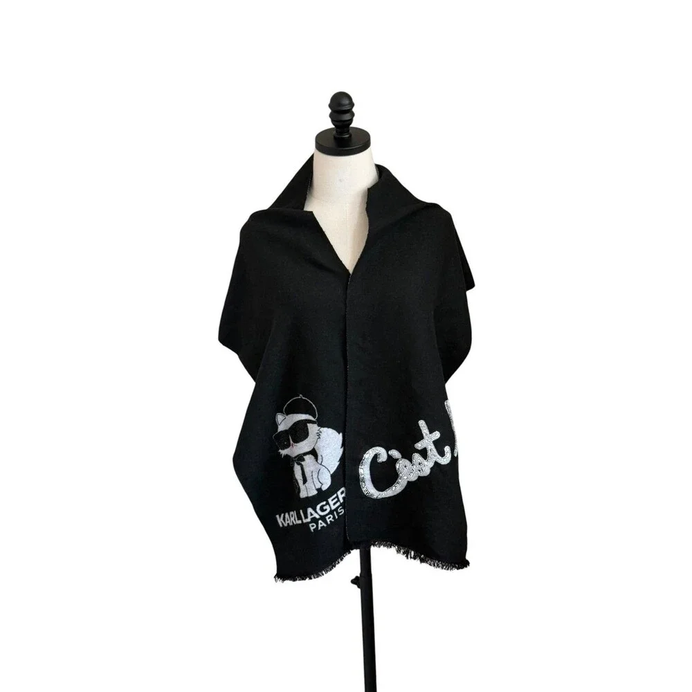 Karl Lagerfeld Paris Black Cat Moi Rhinestone Logo Fringe Scarf Wrap Shawl